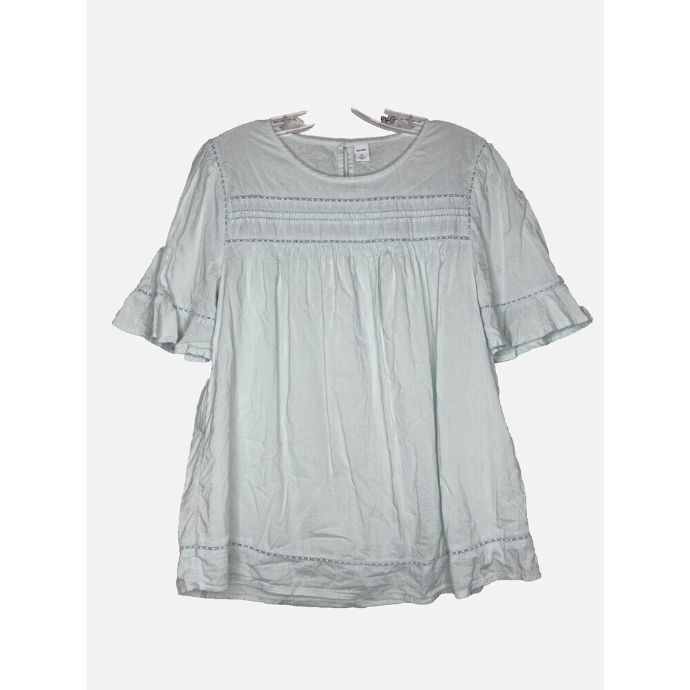 Old Navy Blouse Mint Pale Blue Women Medium Eyelet Peasant Boho Summer Short Slv
